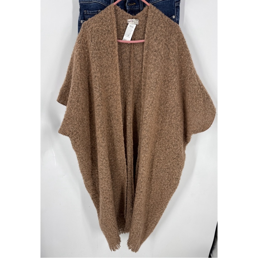 Free people open front long length fringe hem Cozy Brown poncho Sweater OS